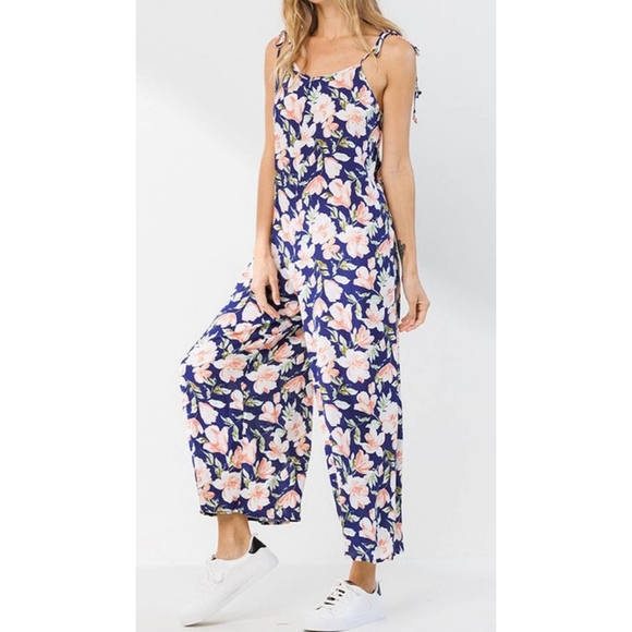 Flowy boho navy floral wide leg jumpsuit with self tie spaghetti straps - Picture 2 of 3